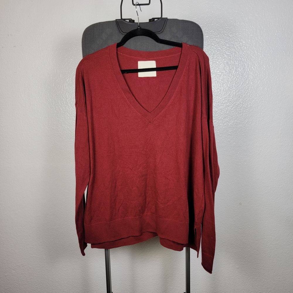 Lucky Brand Womens V-Neck Sweater Red Cotton Cashmere Oversized Cloud Soft Sz L